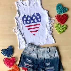 2PC Girls Striped Top & Denim Shorts Set